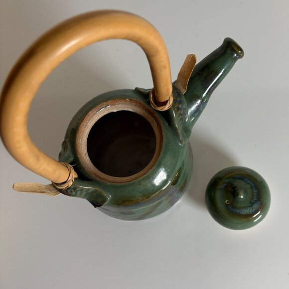 Handcrafted Green Pottery Teapot Rattan Handle Artisan-Made Signed - Picture 7 of 9